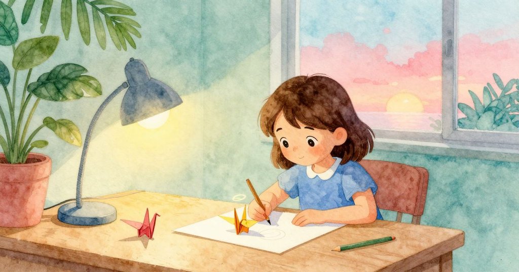 法拉靜靜欣賞完成的摺紙鶴與帶光暈的翻轉杯, 整個工作桌成為創意舞台, 氣氛寧靜而圓滿