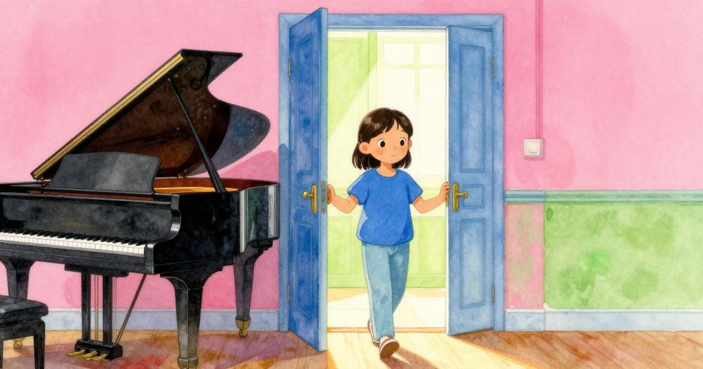 帕洛瑪走進充滿陽光的音樂室，手持工具箱，邁向充滿希望的起點，場景充滿明亮與活力