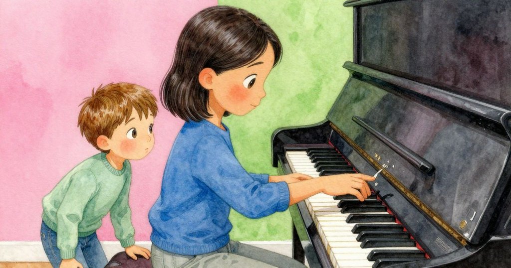 帕洛瑪的手輕觸鋼琴調音桿，細膩展現出專注與技巧，畫面強調物件細節和溫暖光影