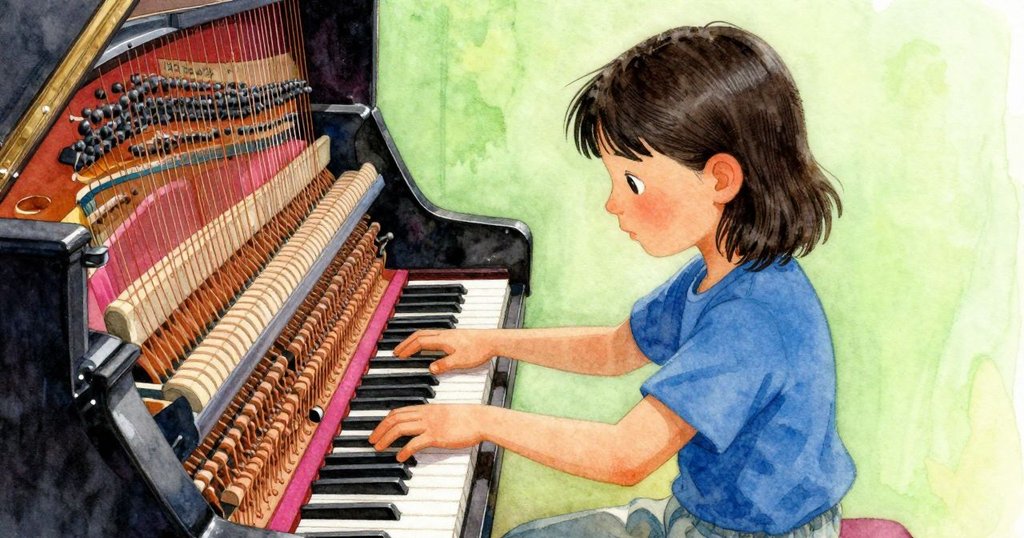 低角度畫面呈現帕洛瑪彎身調琴，太陽光在銅線上閃爍，突顯其專注神情與樂器細節