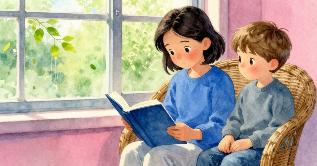 室內晨光溫暖，帕洛瑪在調琴，本坐在藤椅上閱讀，窗外一片落葉輕觸玻璃，呈現寧靜季節感