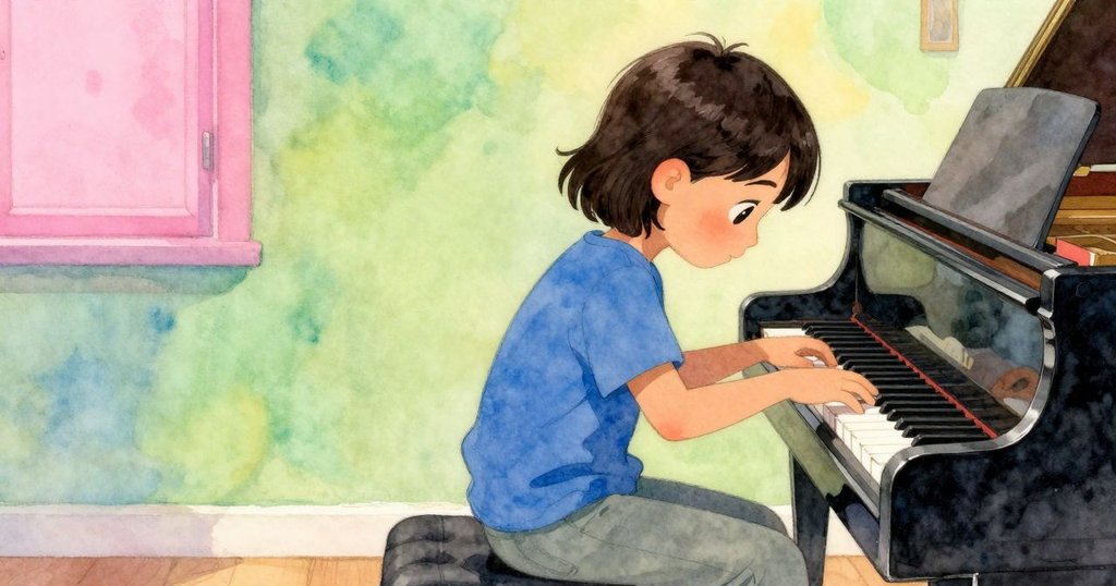 帕洛瑪輕輕關上工具箱，站在鋼琴旁離去，室內光影交錯，留下一段未完待續的旋律與神秘情感