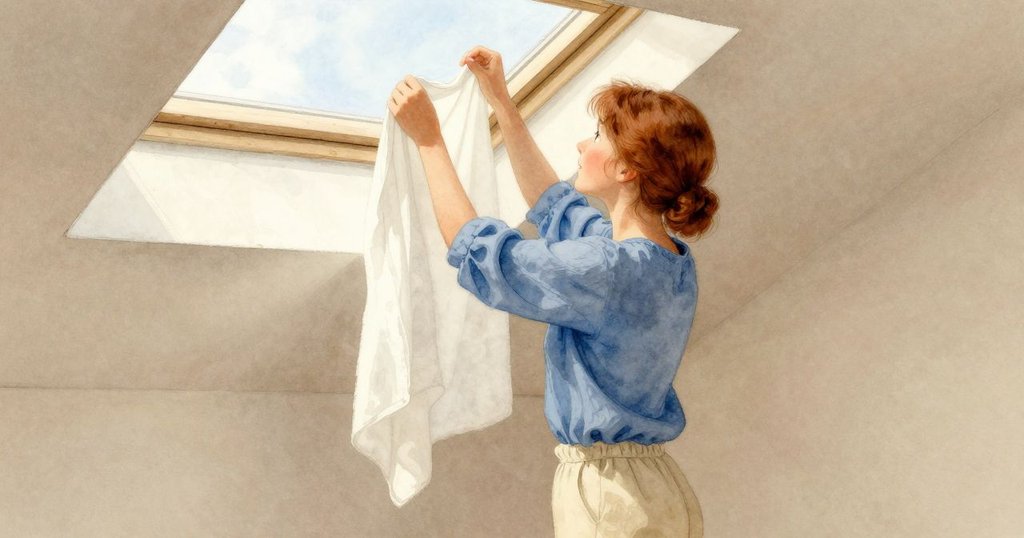 莉莉在明亮工作室內傾斜棉布，銀色光澤瀰漫，臉上透露出專注與期待，室內光線溫暖柔和