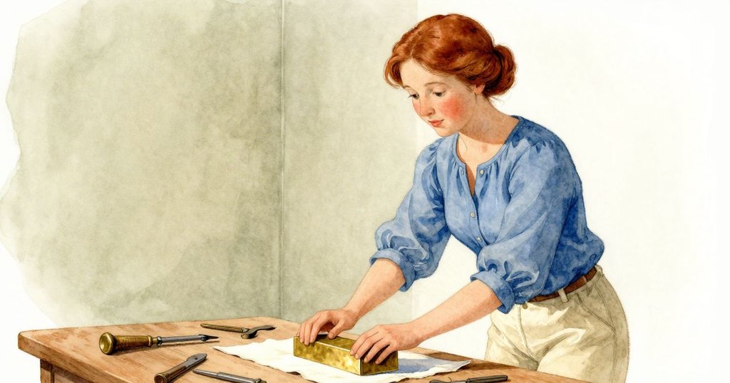 莉莉在工作桌上輕放銅製塊狀物，旁邊鬆脫的螺絲與工具並置，展現工藝中精密與不完美的對比