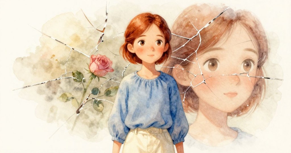 莉莉於工作桌前短暫停步，午後柔光下蠟面裂縫星光閃爍，臉部倒影流露出深思與專注情感