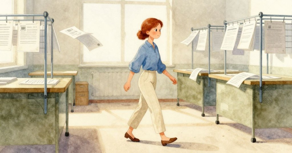 莉莉離開工作桌步向乾燥架，微風輕撫著發黃目錄頁，室內光影轉換彰顯時間流逝