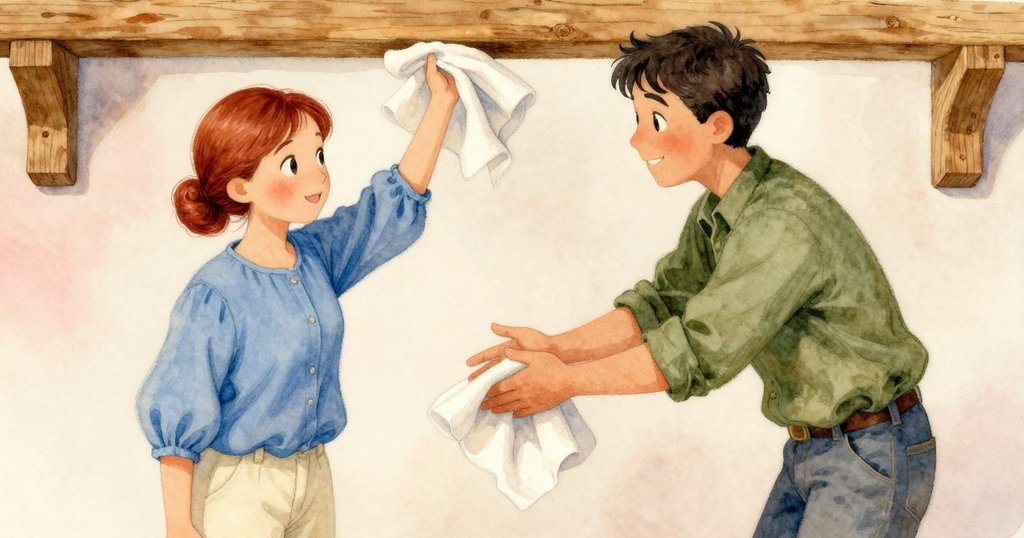 奧托在乾燥架旁伸出援手，莉莉小心接過木樑扶持濕布，雙方神情中透露出堅定與一絲猶豫