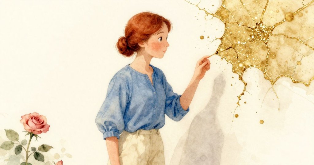 莉莉回至工作桌前，調整小框欣賞蠟面精細閃爍裂紋，光影交錯映出她內心平靜與對巧思的讚賞