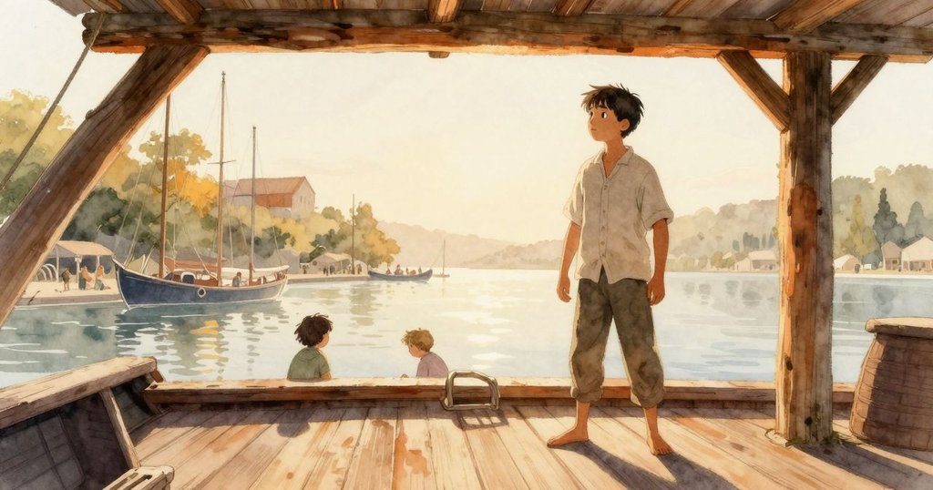 林登站在船甲板上，腳步輕觸老橡木樑，背景有忙碌人物與動物，晨光灑落，充滿期待與活力。