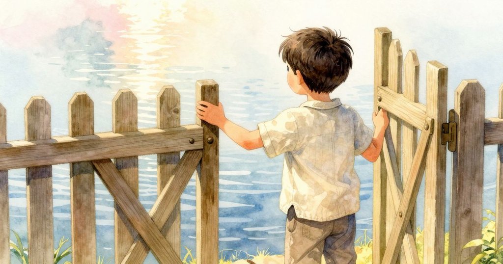 林登透過半敞開木門觀察水面細微變化，眼神充滿好奇與謹慎，背景溫暖柔和，展示探索情懷。