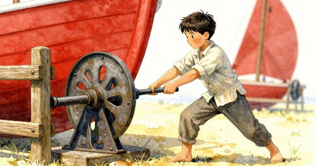 林登在船上轉動鐵風車，靠近木門鉸，專注操作中感受船體微動和水面變化，氣氛充滿張力。