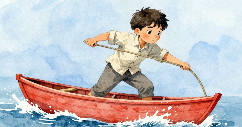 林登在船甲板上迎接船頭上升，身體緊張穩住步伐，水花四濺，瞬間展現活力與決心。