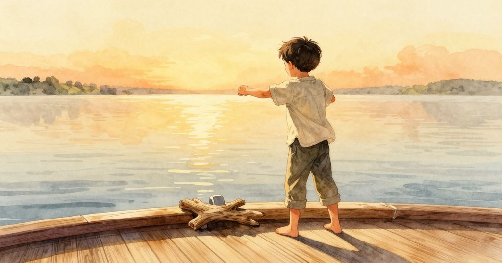 林登靜靜走向乾燥木樑感受溫暖，船隻安穩停靠在平靜水面，夕陽映照下呈現希望與沉思。