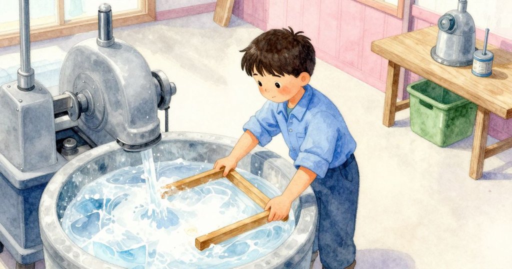 Emmet在工作間中專心作業，從上而下俯視展現木框浸入混濁水槽的動作與午後溫暖光線