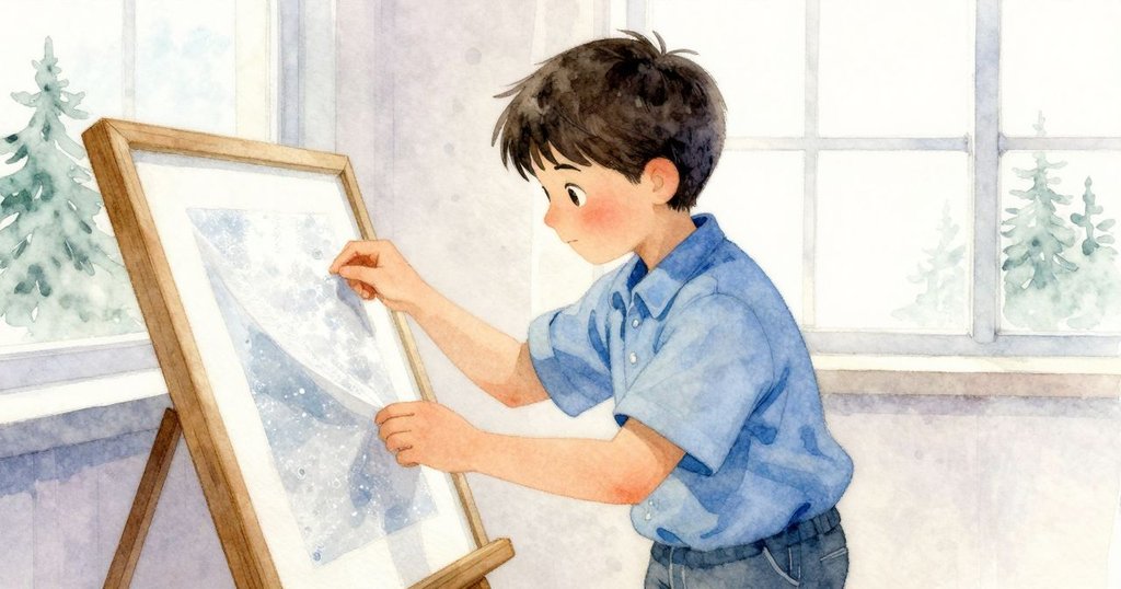 Emmet在窗邊輕輕傾斜木框，展現出帶有光影細緻變化的初生紙頁，神情專注而溫柔