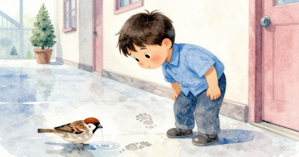 Emmet穿過房間時濕潤手指在地板上留痕，一隻麻雀低落啄飲水槽，映出細膩光影與反射