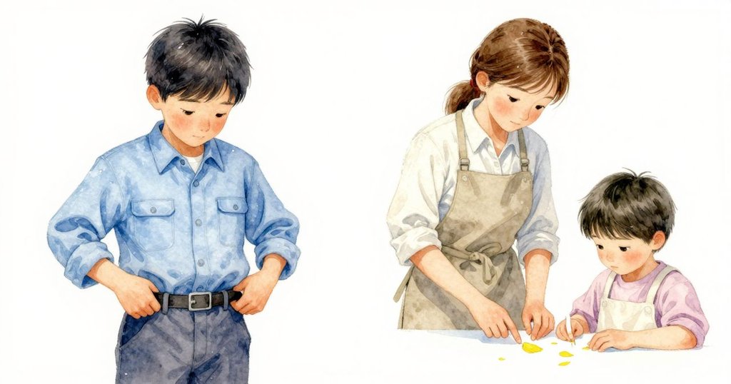 Lars專注調整飛輪皮帶，另一邊Emmet凝視紙頁中央微小黃花瓣，呈現出工作忙碌與寧靜感受的對比