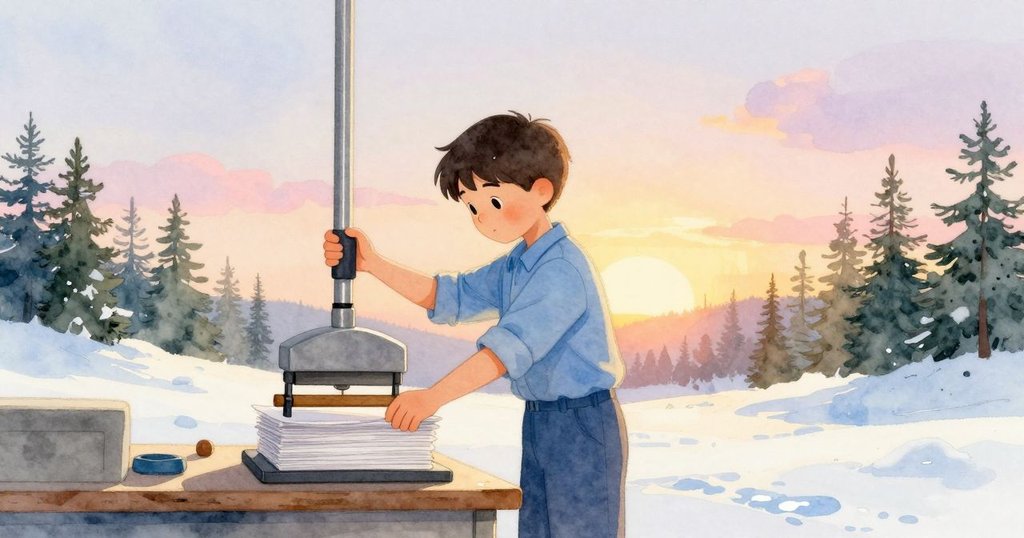 在夕陽柔光下，Emmet舉起新堆紙張於壓台下，動作堅定而沉思，營造出溫暖結尾的靜謐氛圍