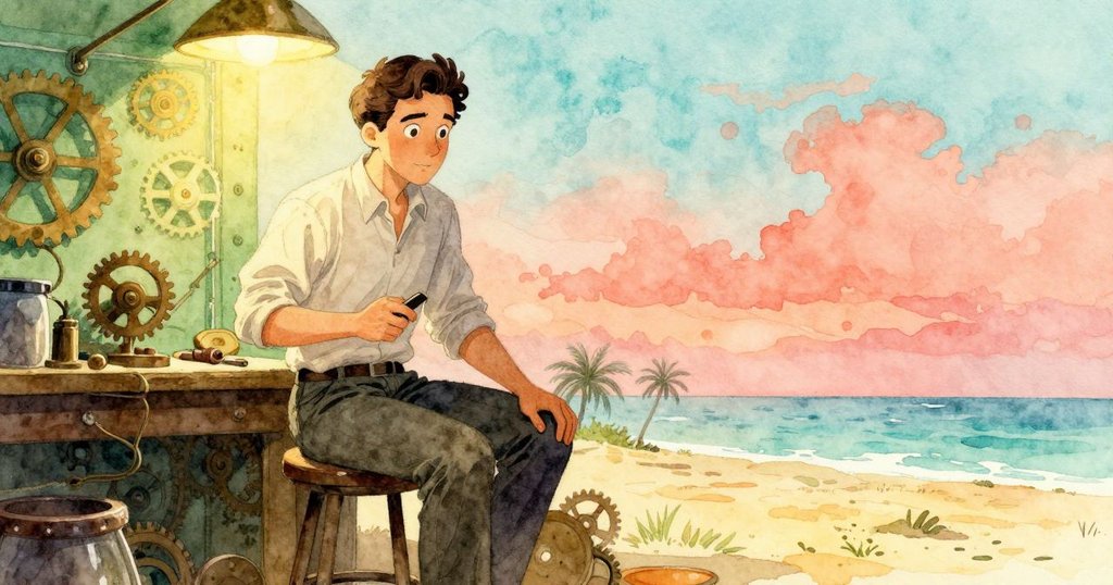 Oren 坐在高腳凳上,在溫暖燈光下的工作坊裡專注準備,周遭有老式時鐘與銅輪,氣氛寧靜神秘