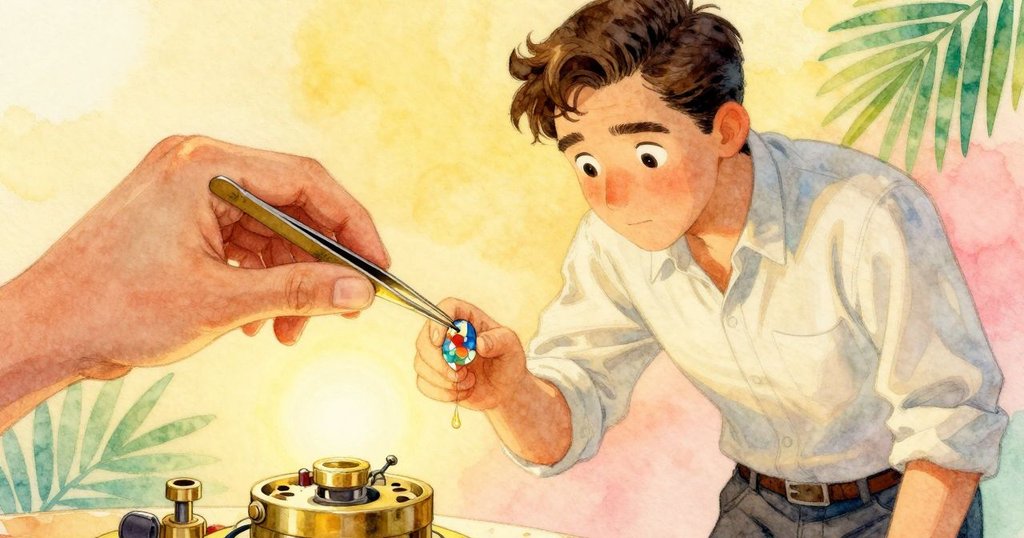 Oren 的手專注操作銅製鑷子和有瑕疵的寶石,在柔和燈光下細膩展現工具細節,充滿緊湊工藝感