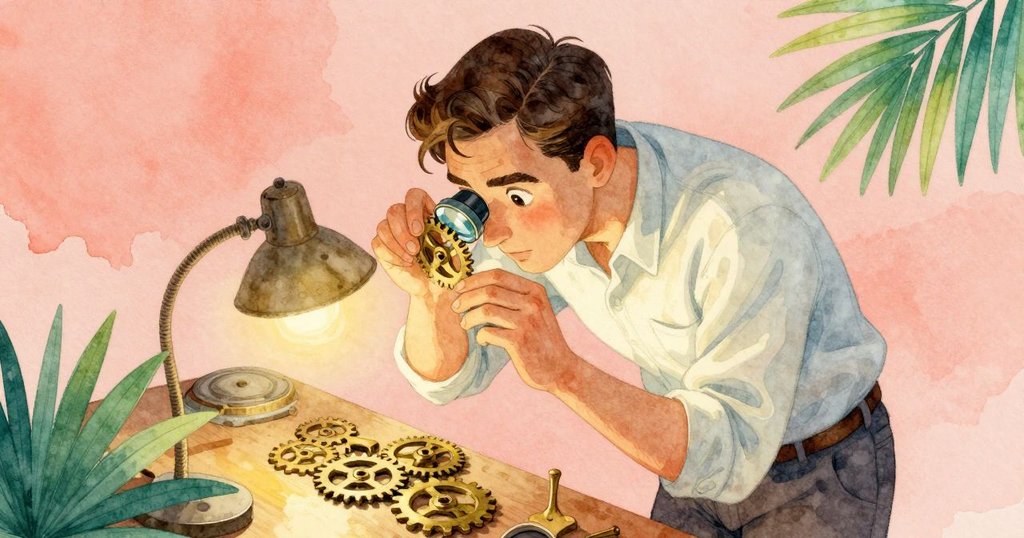 從高角度看,Oren 俯身於工作台前,透過放大鏡檢視零件,光影交錯中流露專注神情,呈現工作細節