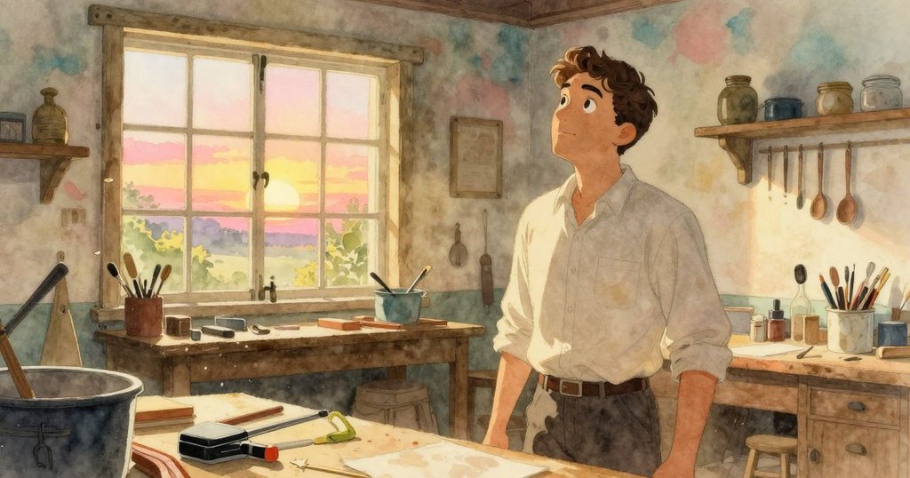 Oren 在工作坊內偶然瞥向窗外,夕陽金光透入室內,老式時鐘與飛舞塵埃映照出溫暖季節氣息