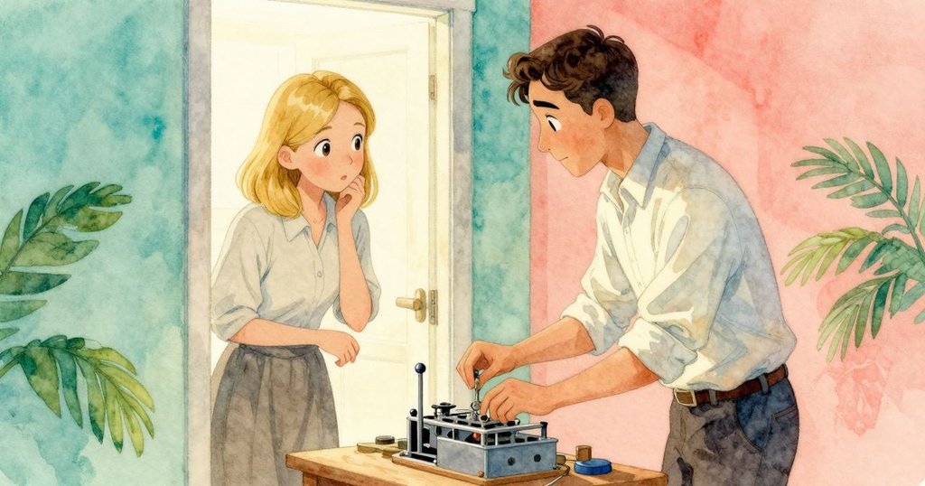 Petra 走入工作坊門口,帶著温柔好奇神情注視專注工作的 Oren,兩人交流中展現柔和敘事情感