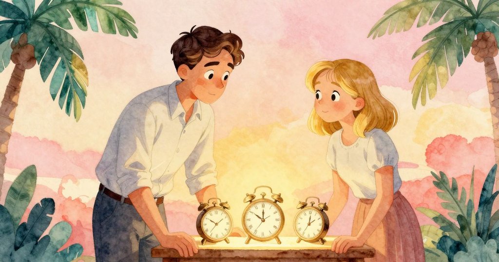 Oren 與 Petra 站在一起慶祝修復成功,工作台上齒輪轉動同步,背景時鐘齊鳴,溫暖光影中展現團結與滿足