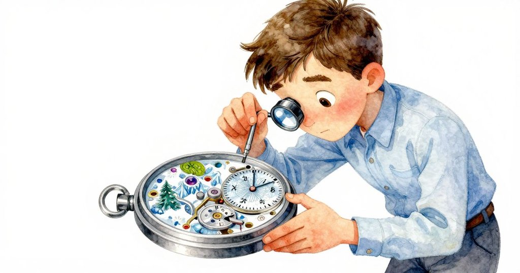 奧托拿著放大鏡細看手錶零件，面部表情專注而堅定，背景中有精密工件與工作台細節