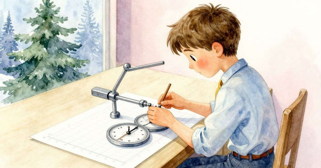 從奧托肩後視角展現他調整調節臂並觀看印有不均時序圖的工作台，光影柔和顯示精密細節