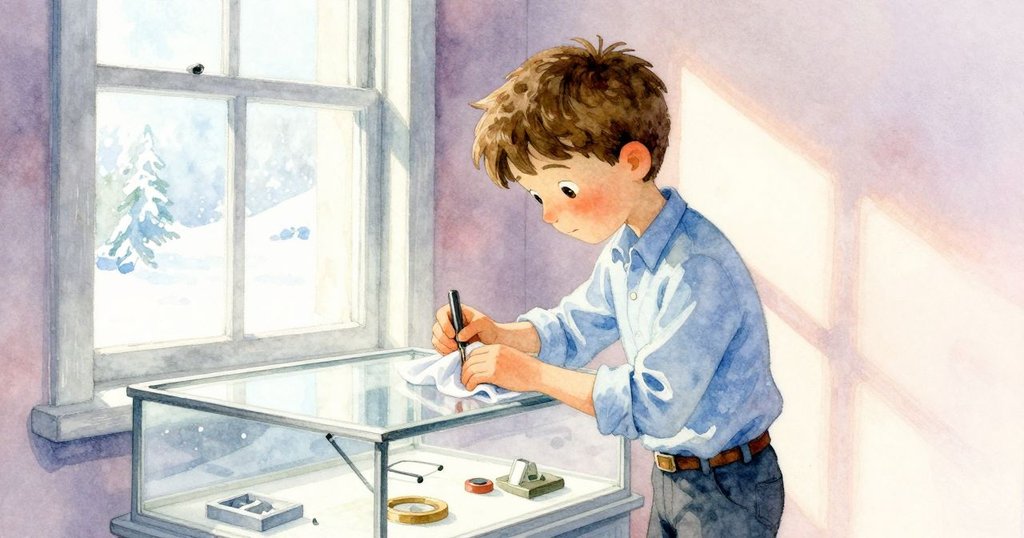 奧托在新房間裡用絲綢布擦拭展示櫃玻璃，陽光透窗灑進，映出布面閃爍光澤，動作溫柔而細膩