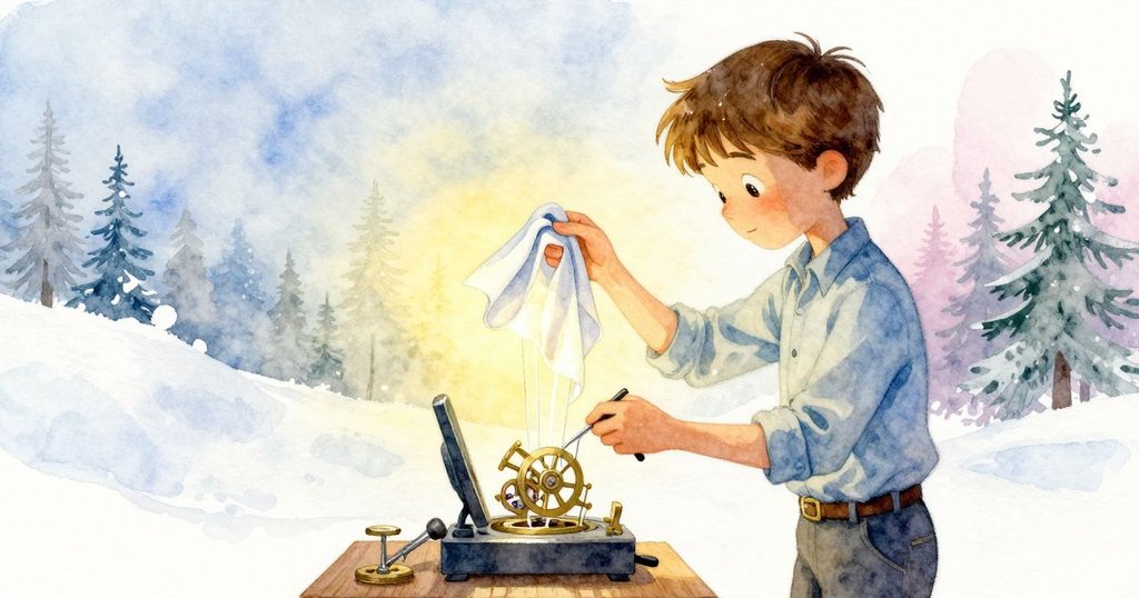 奧托在操作中突然停頓，絲布懸浮半空中亮暗交替，鏡頭捕捉到精密機芯節奏與沉思瞬間