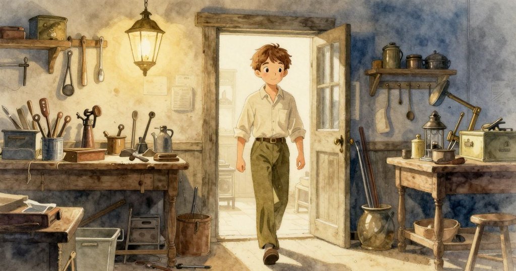 凱倫推開老舊工作室的門, 熱情進入充滿古董工具與溫暖燈光的場景, 充滿活力與期待感