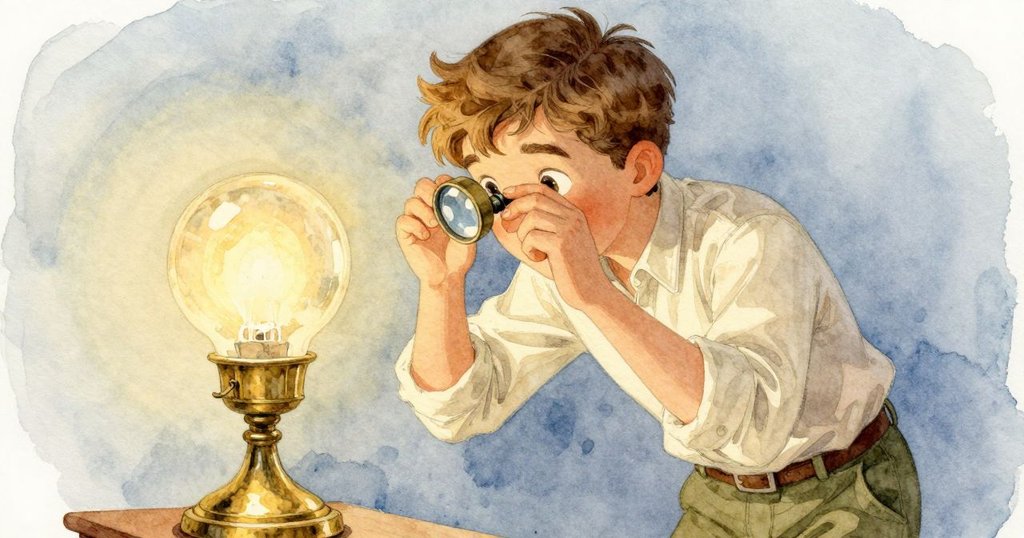 從凱倫身後拍攝, 他正專注調整放大鏡, 背景中可見散發微光的冷凝銅門把, 呈現細膩工藝