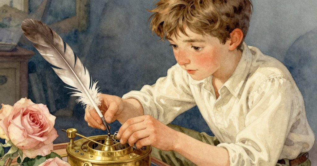 凱倫凝視工作台上受干擾的機構, 指尖輕輕懸停於古銅零件上, 顯露內心矛盾與細膩情感