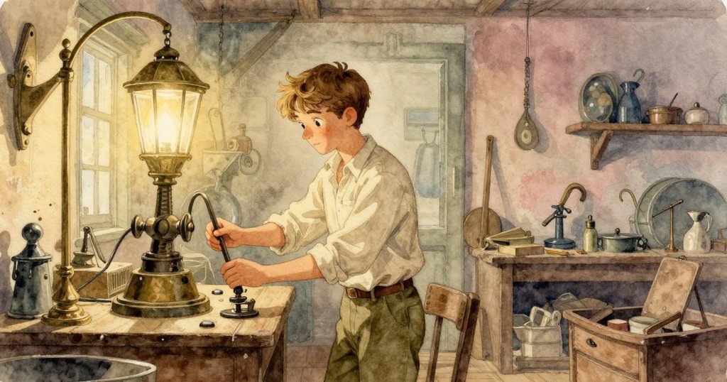 整個工作室廣角展現古老魅力, 凱倫努力調整機構零件, 拍攝中充滿靜謐與時間流動的印記