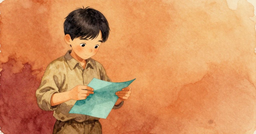 尼爾斯坐在桌前專注折一方綠松石色的紙，空曠背景突顯他細膩動作與溫暖燈光營造的專注氣氛。