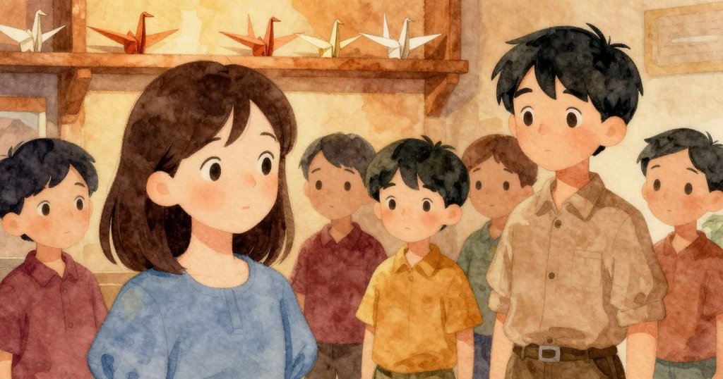 紙鶴靜靜排列在架上，克拉拉與尼爾斯在溫暖光影中凝視這藝術作品，層次分明呈現出靜謐而深刻的欣賞情感。