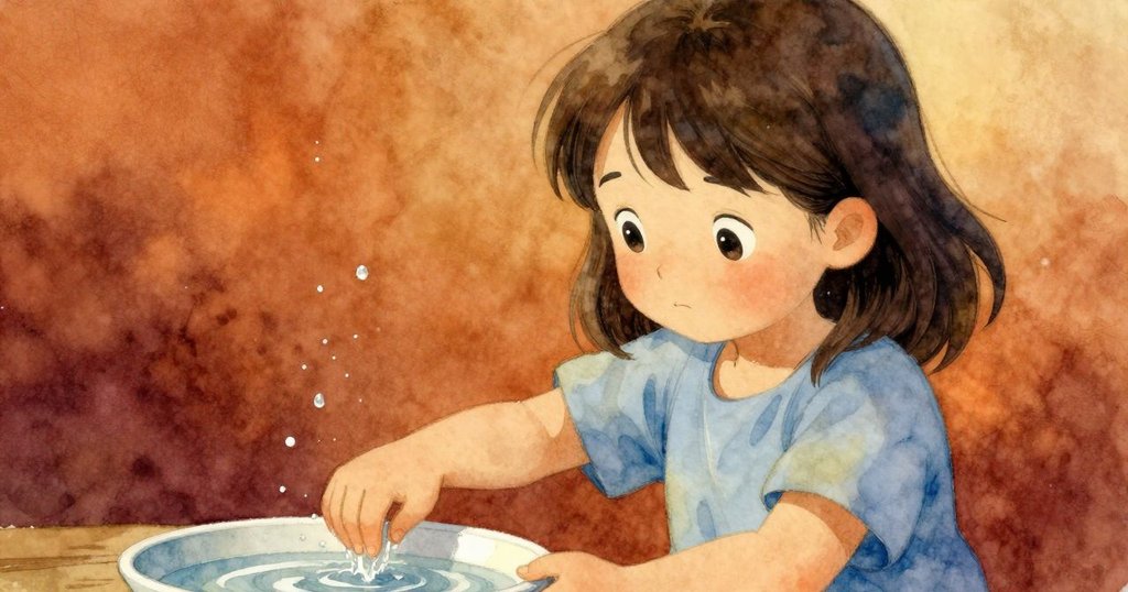 克拉拉細心用指尖沾取瓷碟中水滴，溫暖燈光下渲染出晶瑩水珠，展現專注與柔和的細膩情感。