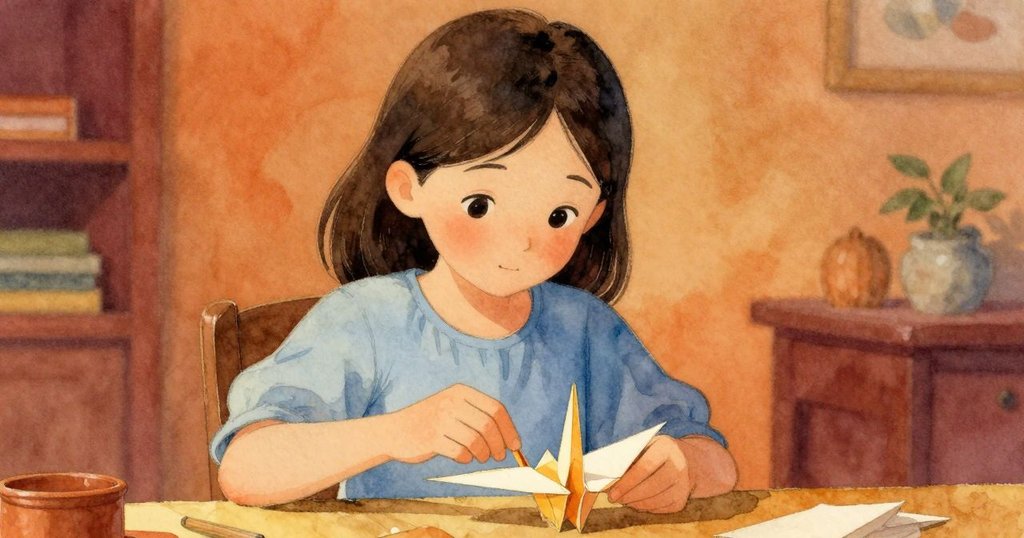 一陣溫暖氣流輕拂使紙鶴微歪，克拉拉停下手中折法，眼神中透露驚訝與堅定，謹慎地重整步驟。