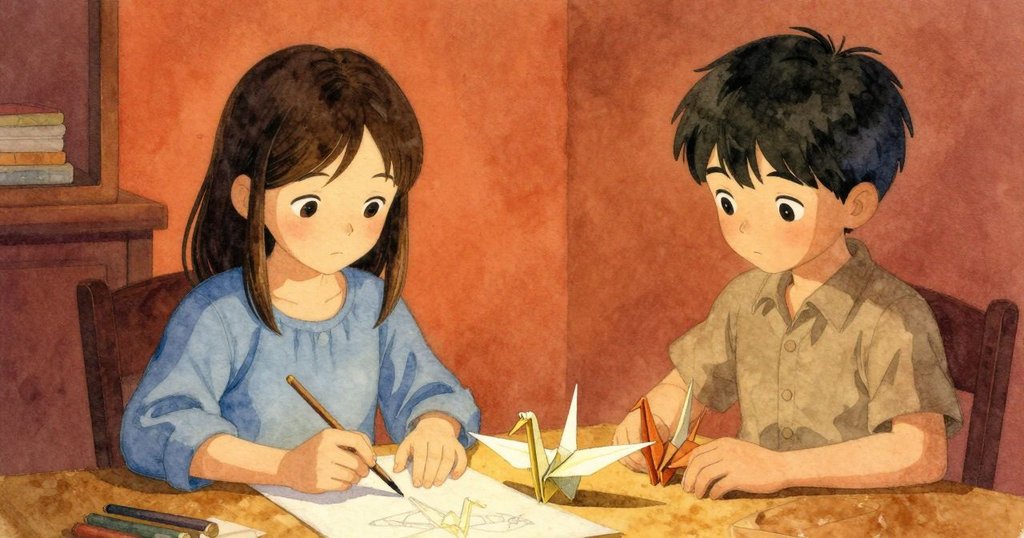 克拉拉將完成的紙鶴輕放於尼爾斯作品旁，紙鶴展現沉穩尊嚴，暖燈光柔和映襯下，結束了充滿細膩情感的創作過程。