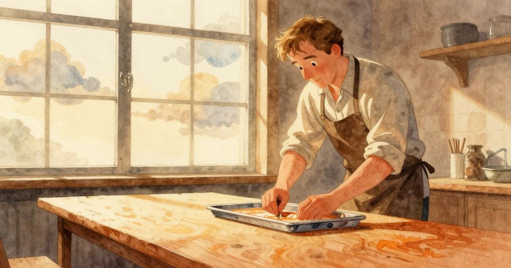 艾墨在寬敞工作室內準備混色托盤,窗外灰藍雲朵映照,晨光溫暖流動,展現創作氛圍