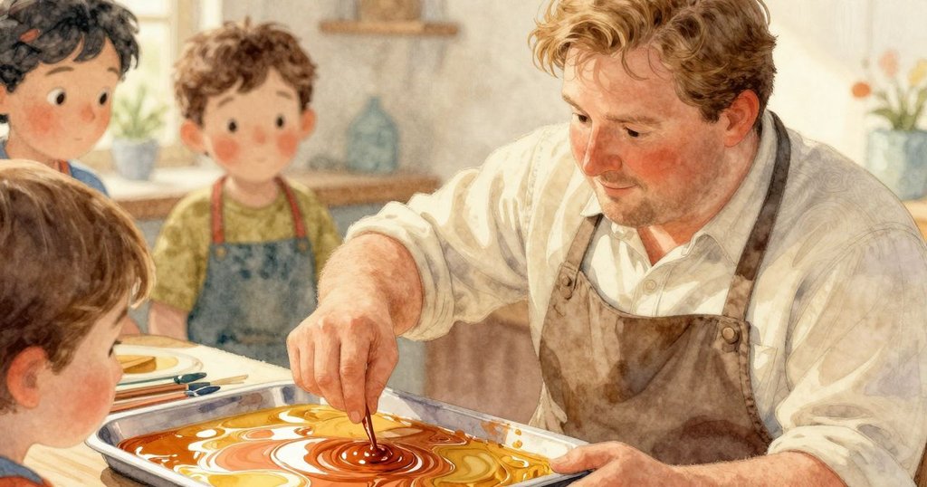 艾墨伸手開杯倒出一滴顏料,托盤上鮮豔色彩初展,細節清晰呈現工具與動作