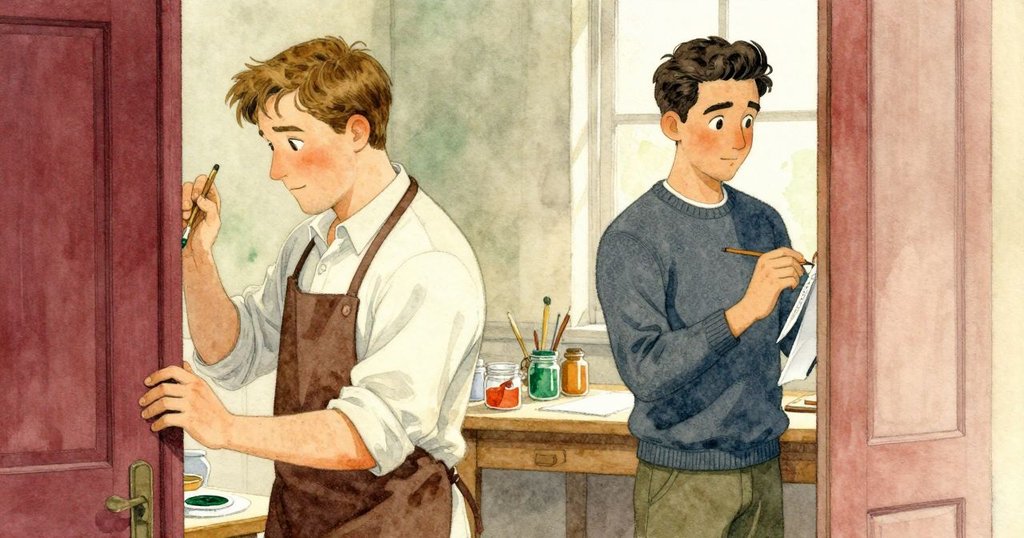 艾墨調製翠綠顏料,皮爾斯在旁安靜速寫,透過半開門窺見工作室內創作情景