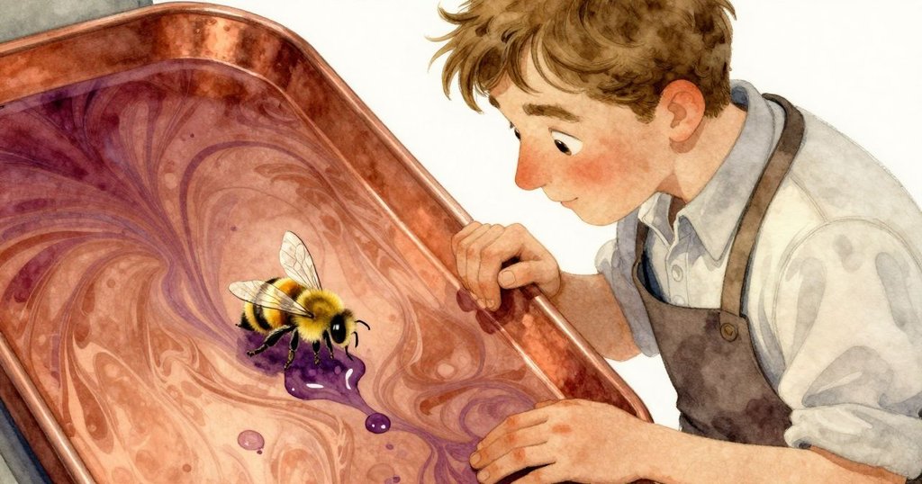 艾墨俯身觀察托盤上紫色顆粒及小蜜蜂輕落,托盤細節豐富,色彩交融呈現驚喜瞬間