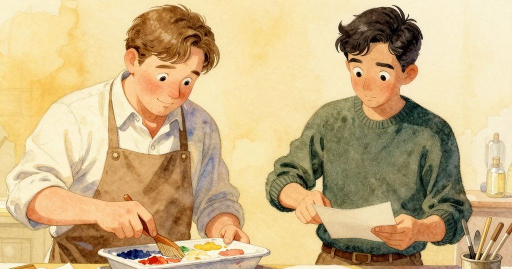 艾墨用細齒梳雕刻色彩溝槽,皮爾斯輕持紙張,專注合作中展現創作決心於工作桌上