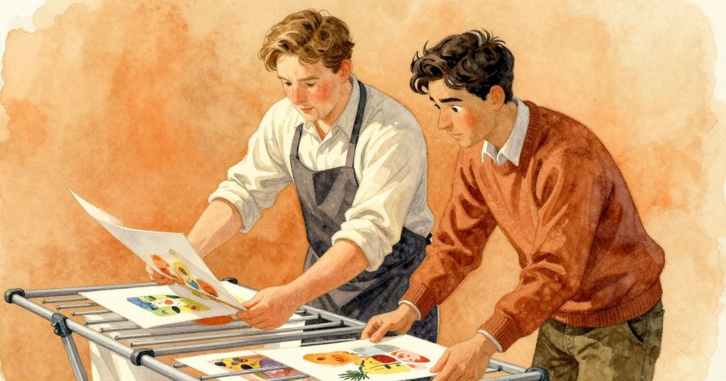 艾墨與皮爾斯攜手舉起待乾畫作,紙角隨微風輕拂,臉上展露成就與溫馨的情感