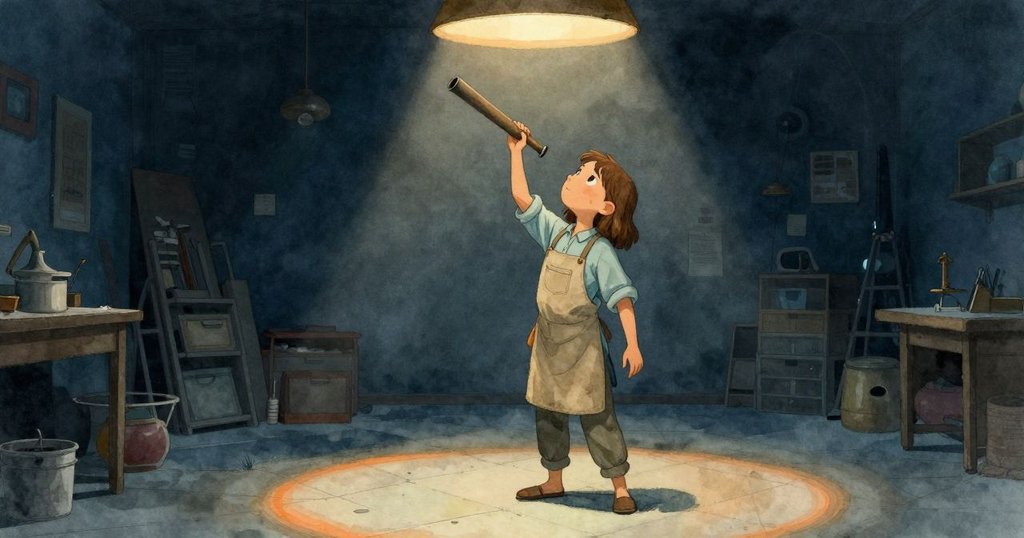 Oona 在玻璃工坊中舉起暖吹管,背景有熔爐、工作桌與橫樑,神情專注,空間寬敞且充滿動態光影