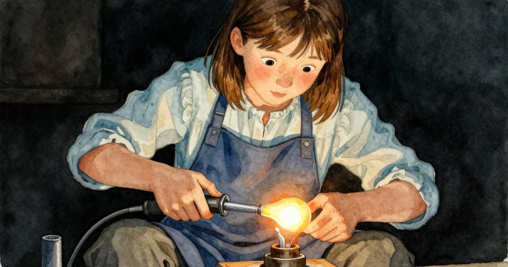 Oona 的手專注轉動吹管,細緻操作溫暖琥珀色熔融玻璃,背景中顯示工坊工作台與工具