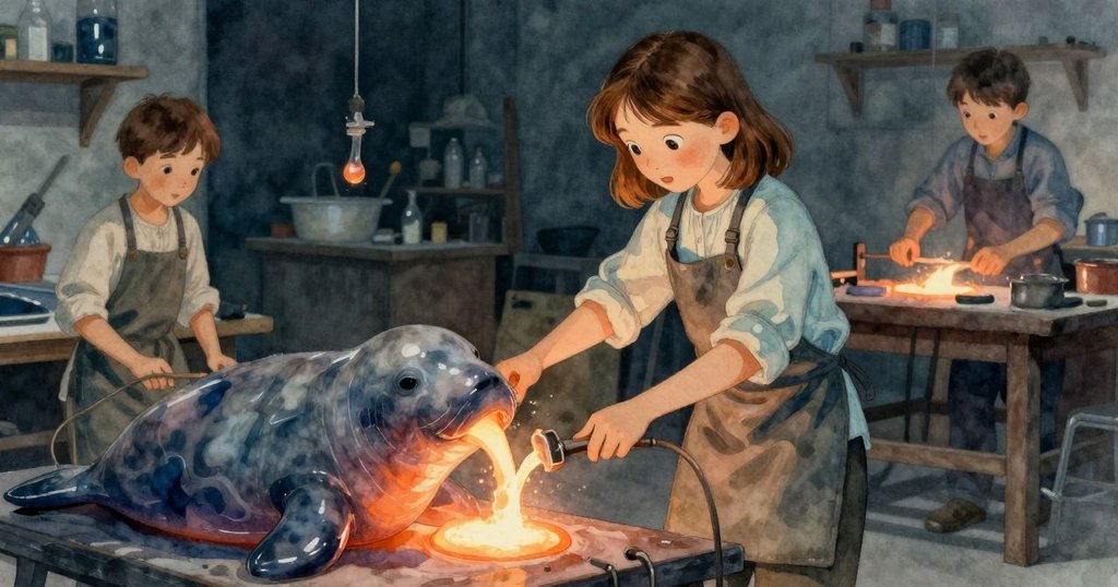 Oona 透過吹管觀察熔融玻璃變形似海象口鼻,神情好奇與輕笑,工作空間充滿溫暖蒸氣與柔光